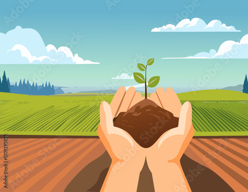 The fertile soil in the hands is suitable for cultivation.