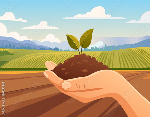 The fertile soil in the hands is suitable for cultivation.