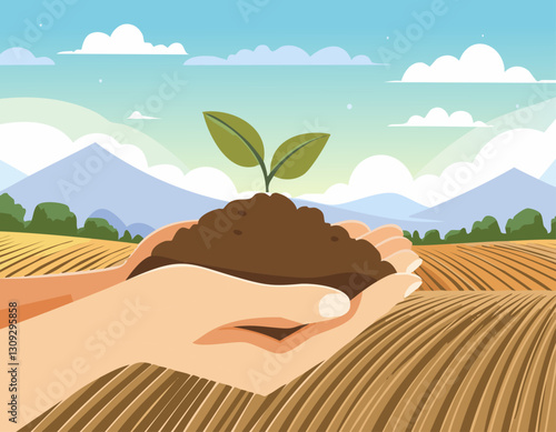 The fertile soil in the hands is suitable for cultivation.