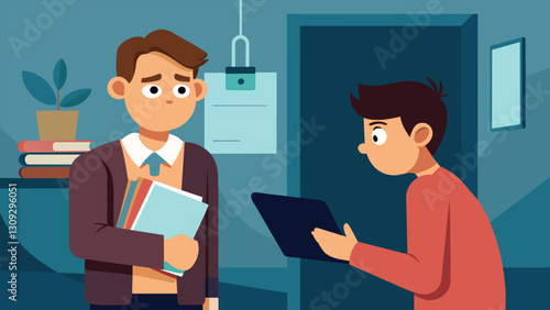 In a small cramped room a determined student pleads their case to a sternlooking financial aid officer desperate for any help they can get.. Vector illustration