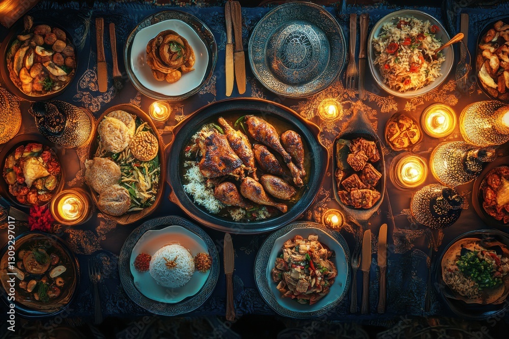 Lavish Evening Feast with Assorted Dishes and Warm Candlelight Lavish Evening Feast with Assorted Dishes and Warm Candlelight