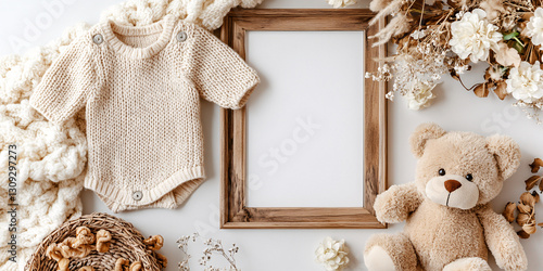 Cozy Neutral Baby Announcement Scene with Knitted Onesie
