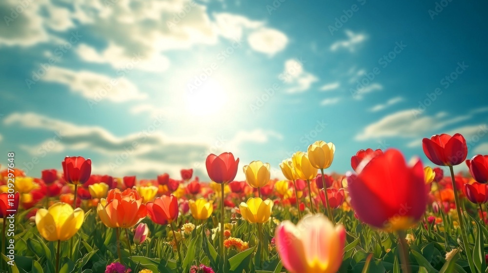 Vibrant Red Yellow Orange Tulip Field Under Sunny Sky Vibrant Red Yellow Orange Tulip Field Under Sunny Sky