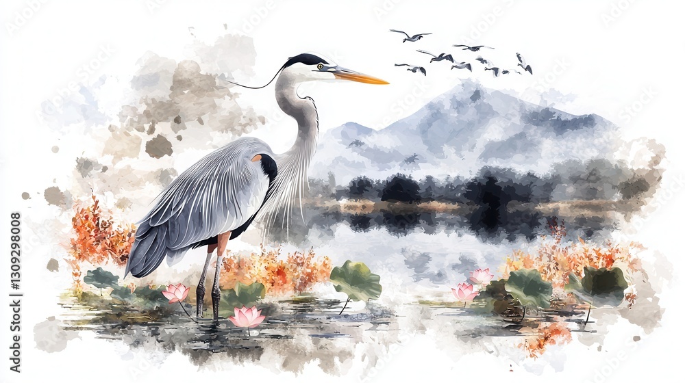 Fototapeta premium Majestic Great Blue Heron Wading Gracefully in a Misty Tranquil Lakeside Landscape with a Dramatic Moody Sky Serene Nature with Ethereal Nature Inspired Atmosphere