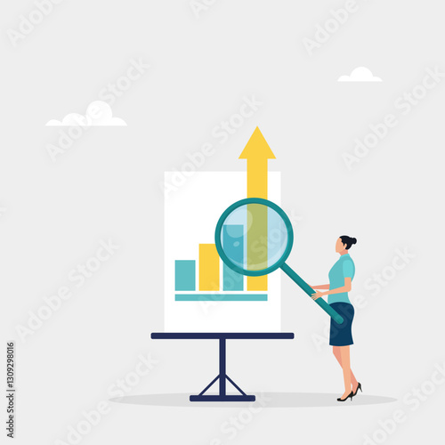 Research data, analysis of information in chat. Studying financial data or business growth. The character uses a magnifying glass to view graphs. Vector illustration	