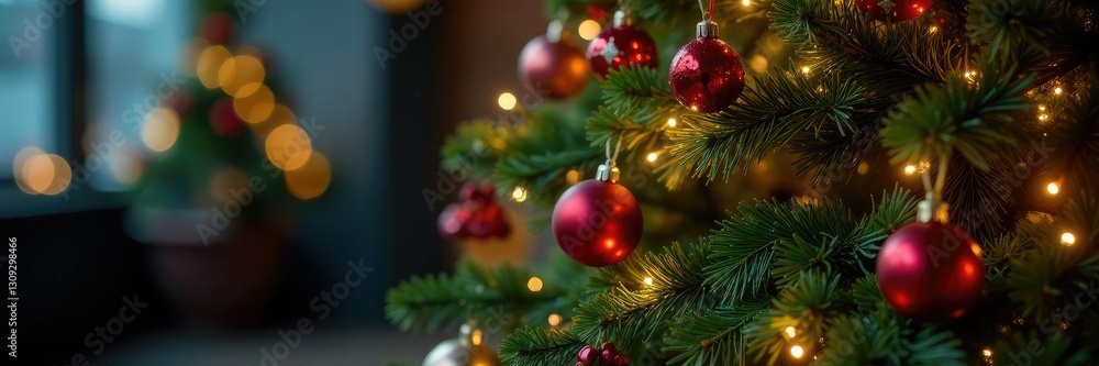 Decorated Christmas tree with ornaments and lights, ornaments, wreaths, seasonal Decorated Christmas tree with ornaments and lights, ornaments, wreaths, seasonal
