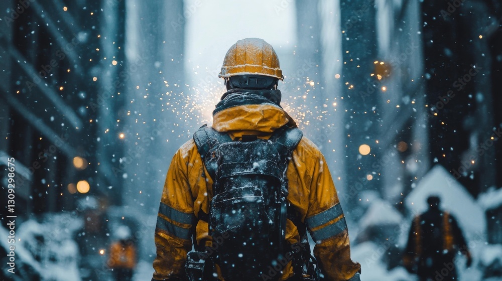 Construction worker welding with sparks in a snowy urban setting. Generative AI Construction worker welding with sparks in a snowy urban setting. Generative AI
