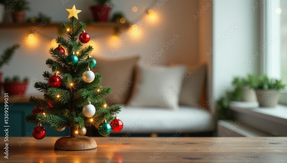Decorated table tree with ornaments and lights, small holiday trees, holiday decor Decorated table tree with ornaments and lights, small holiday trees, holiday decor