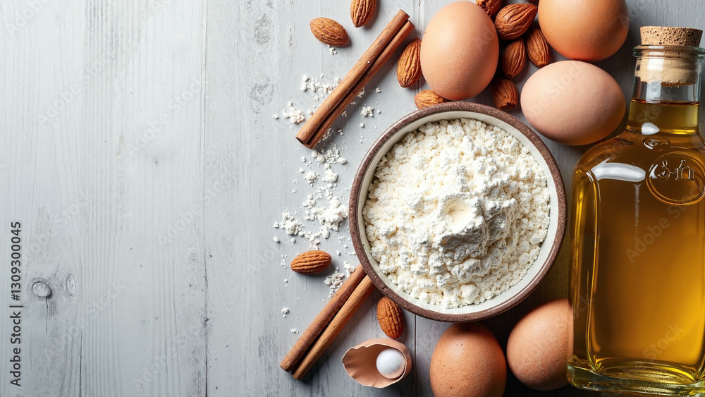Easter Baking Ingredients Flatlay: Flour, Eggs, Almonds & Cinnamon Sticks | Perfect for Recipe Blogs, Cooking Websites & Holiday Marketing Easter Baking Ingredients Flatlay: Flour, Eggs, Almonds & Cinnamon Sticks | Perfect for Recipe Blogs, Cooking Websites & Holiday Marketing