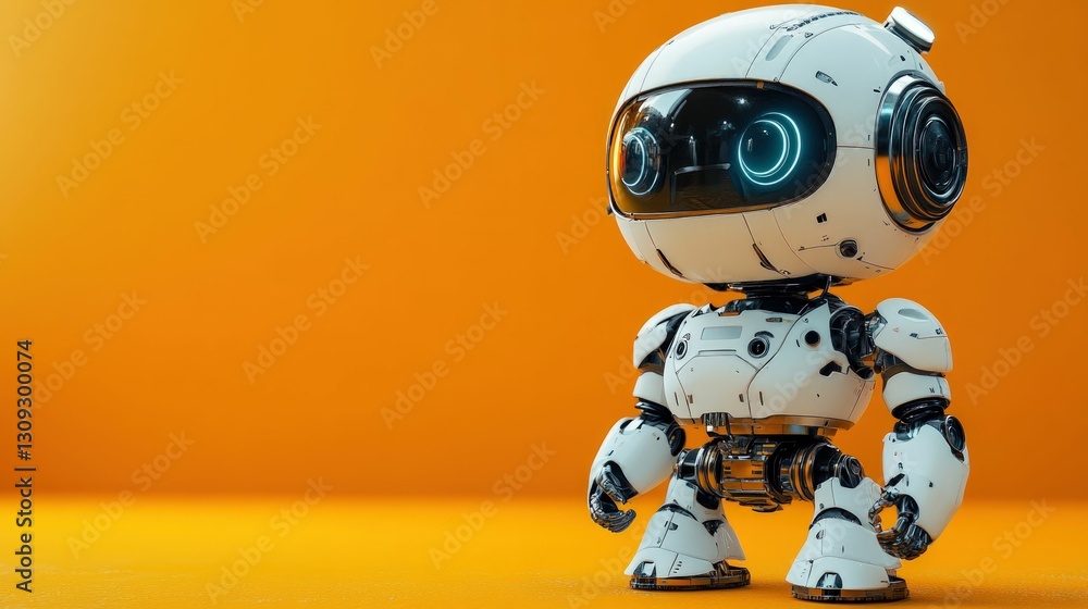 Cute white robot orange background futuristic design Cute white robot orange background futuristic design