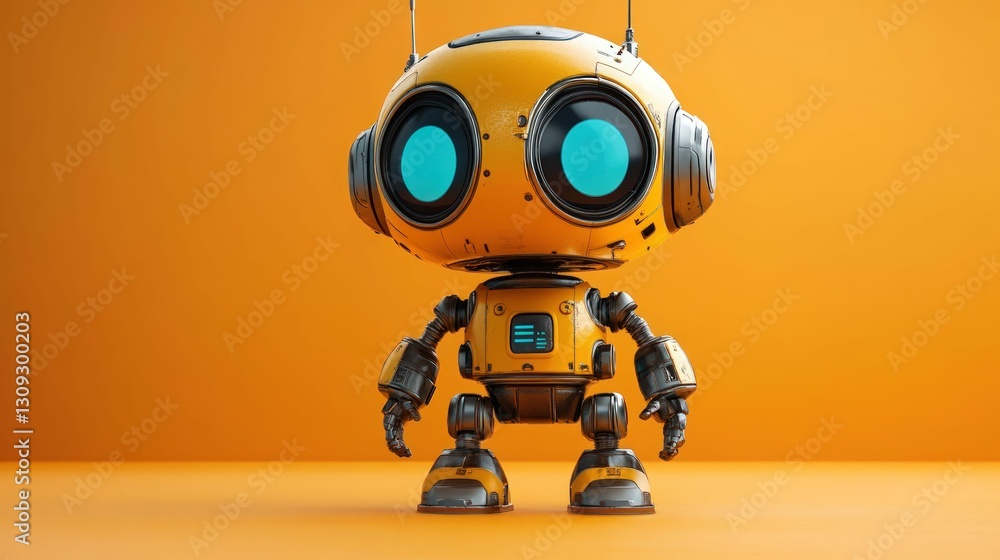 Cute yellow robot stands orange background Cute yellow robot stands orange background