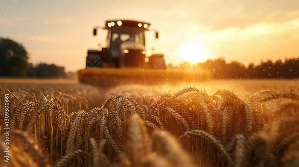 A powerful tractor harvesting golden waves of wheat at sunset, illustrating the harmony between technology and nature during the beautiful golden hour of farming. A powerful tractor harvesting golden waves of wheat at sunset, illustrating the harmony between technology and nature during the beautiful golden hour of farming.