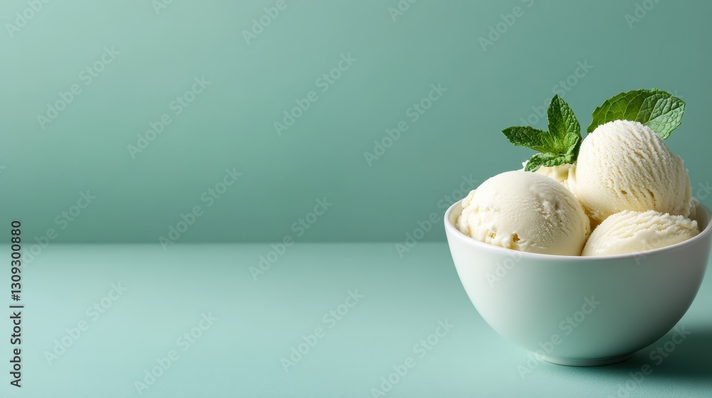 A delightful bowl of creamy ice cream, garnished with fresh mint leaves, exuding a refreshing and inviting aesthetic perfect for summertime indulgence. A delightful bowl of creamy ice cream, garnished with fresh mint leaves, exuding a refreshing and inviting aesthetic perfect for summertime indulgence.