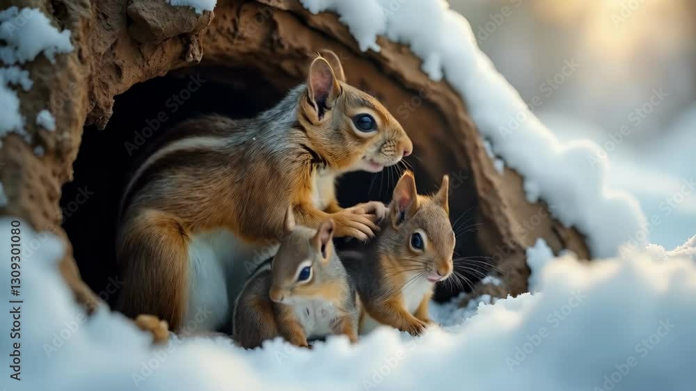 Family of chipmunk rodents huddling together in snowy burrow during winter Family of chipmunk rodents huddling together in snowy burrow during winter