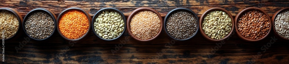 Diverse Organic Seeds in Bowls on Wooden Surface. Generative AI Diverse Organic Seeds in Bowls on Wooden Surface. Generative AI