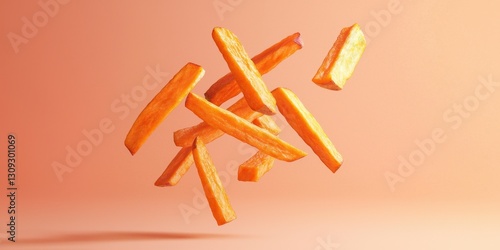Floating sweet potato fries with dipping sauce on a soft peach background