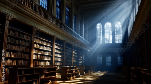 Wallpaper Mural Sunlight streams through tall windows in a grand library filled with book, creating a serene atmosphere Torontodigital.ca