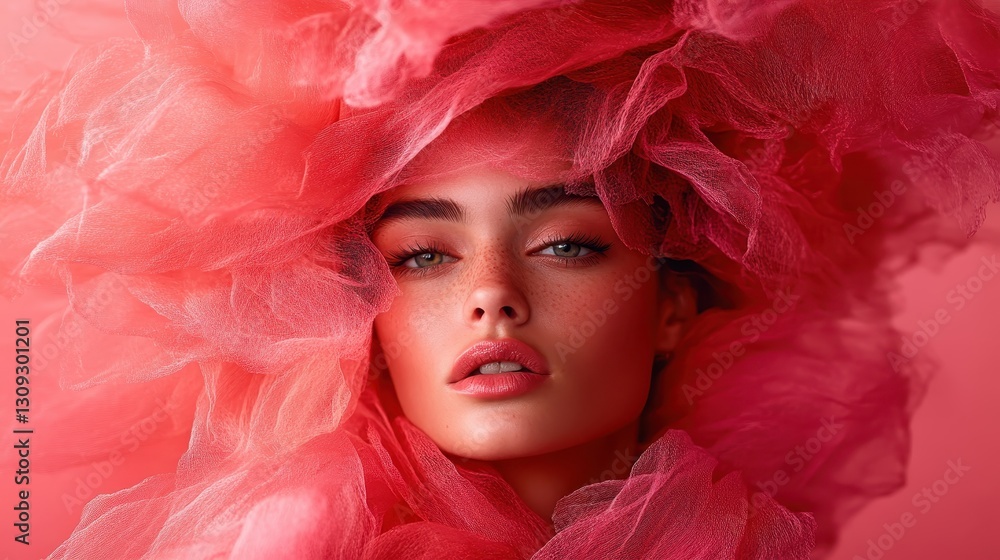 An artistic beauty portrait featuring a model framed by soft pastel fabric, connecting femininity and creativity through color and texture in a captivating ensemble. An artistic beauty portrait featuring a model framed by soft pastel fabric, connecting femininity and creativity through color and texture in a captivating ensemble.