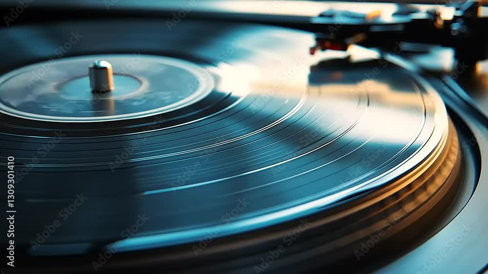 Close-up of a spinning vinyl record on a turntable, capturing the warmth of music in a cozy setting Close-up of a spinning vinyl record on a turntable, capturing the warmth of music in a cozy setting