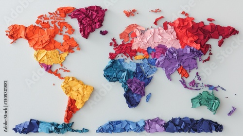 A colorful map of the world made from crumpled paper, showcasing various continents and regions in vibrant hues.