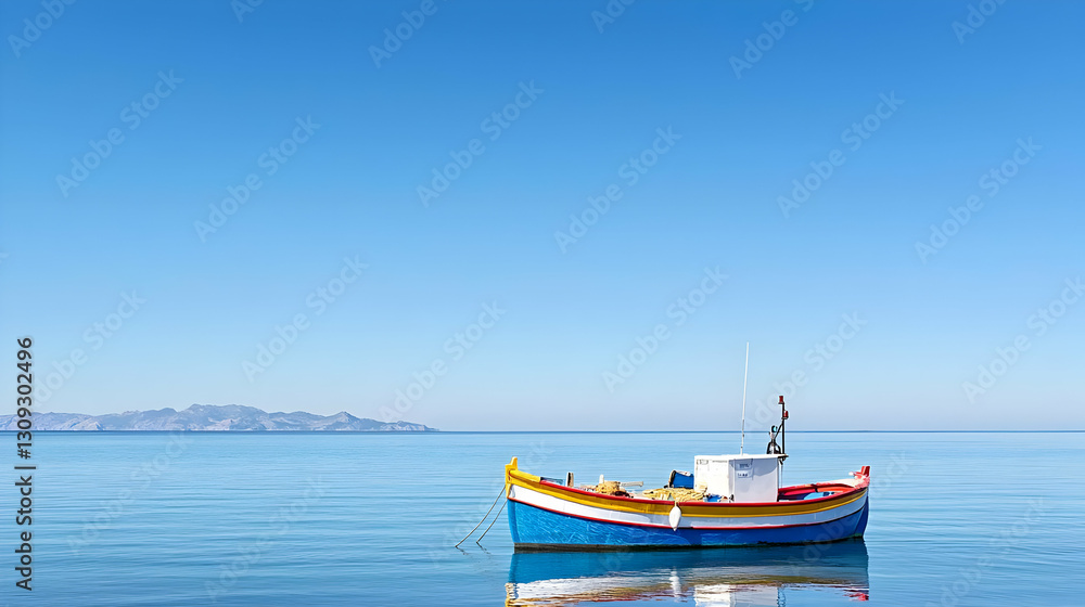 Colorful Wooden Fishing Boat Floating on Calm Blue Water Under Clear Sky Colorful Wooden Fishing Boat Floating on Calm Blue Water Under Clear Sky