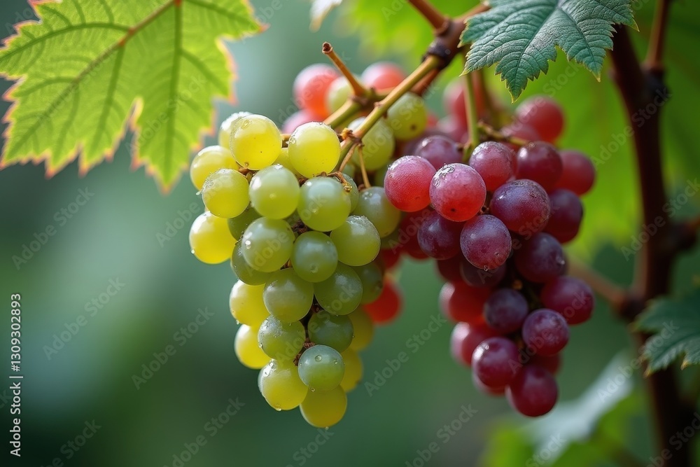 Colorful grapes hanging on a vine under sunlight Colorful grapes hanging on a vine under sunlight