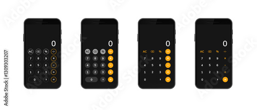 Smartphones showcasing varied calculator layouts featuring numerical and function buttons on screens.