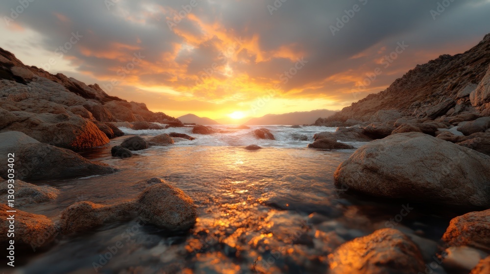 Experience the breathtaking beauty of a stunning sunset casting warm hues over rustic seaside rocks, capturing the serene essence of coastal nature at dusk. Experience the breathtaking beauty of a stunning sunset casting warm hues over rustic seaside rocks, capturing the serene essence of coastal nature at dusk.