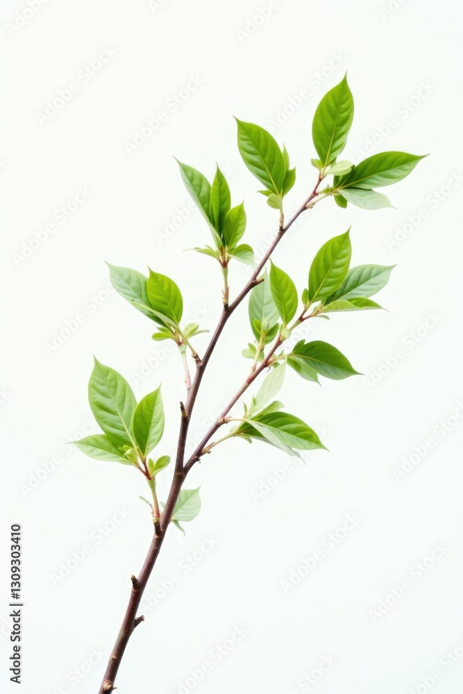 Delicate branch with leaves isolated on white background, simple, single light source, tree Delicate branch with leaves isolated on white background, simple, single light source, tree