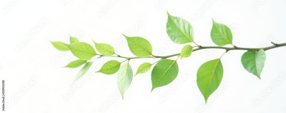 Fototapeta premium Delicate branch with leaves isolated on white background, simple, white background, nature