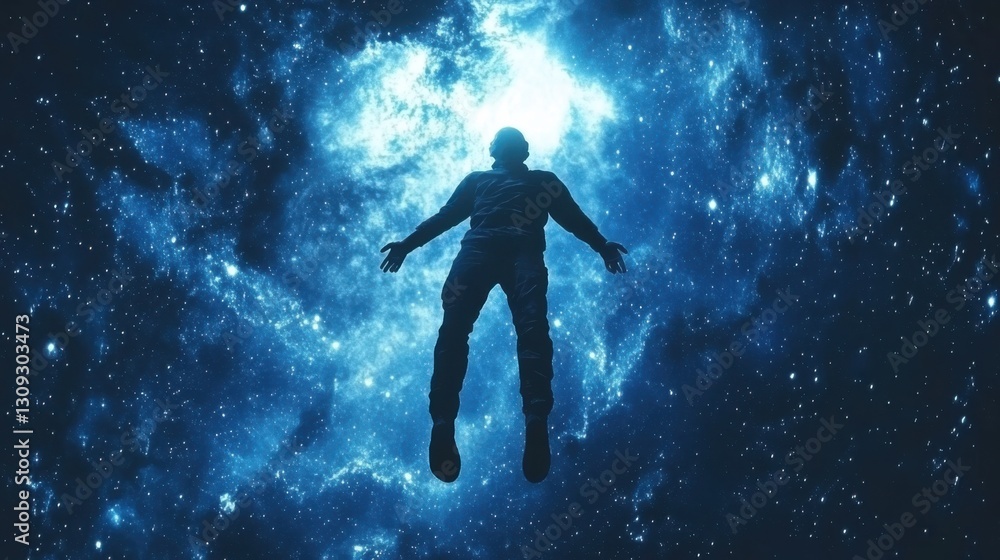 Naklejka premium Astronaut Floating in Cosmic Space with Blue Nebula Background