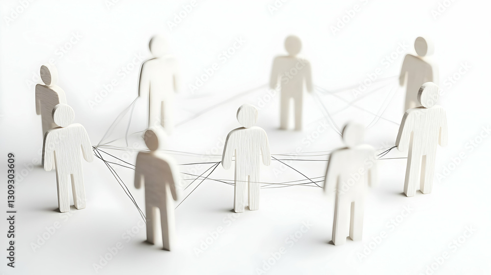 White Figurine People Connected by Lines on White Background Representing Teamwork and Collaboration White Figurine People Connected by Lines on White Background Representing Teamwork and Collaboration