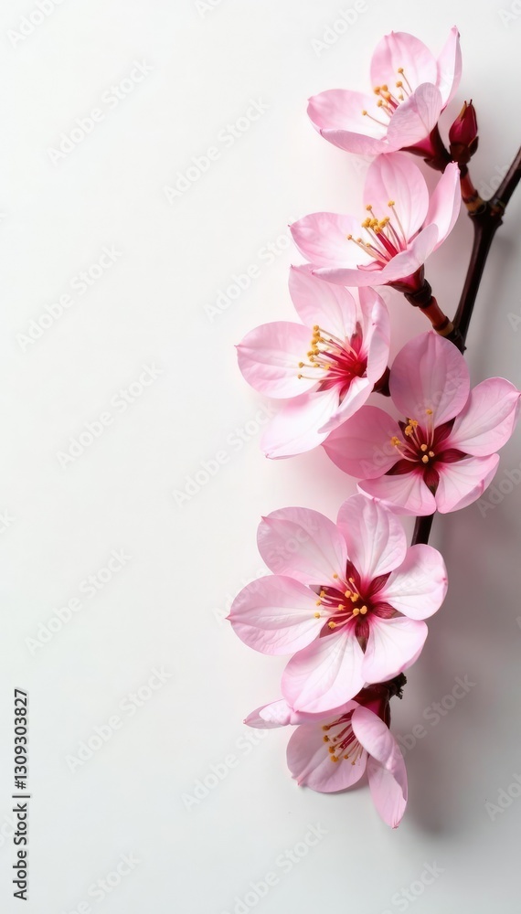 Fototapeta premium Delicate cherry blossoms against a plain white surface, foliage, single element