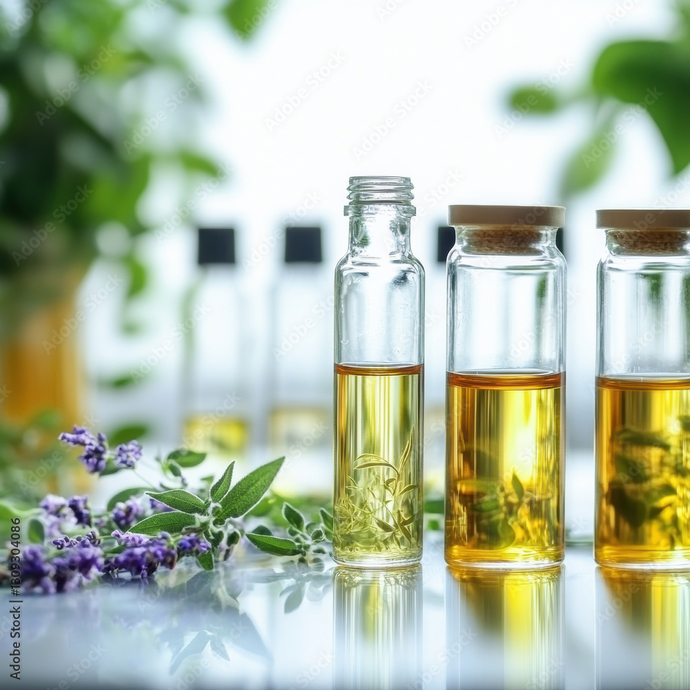 Glass bottles filled with herbal oil are displayed on reflective surface, surrounded by fresh herbs and plants, creating natural and serene atmosphere Glass bottles filled with herbal oil are displayed on reflective surface, surrounded by fresh herbs and plants, creating natural and serene atmosphere