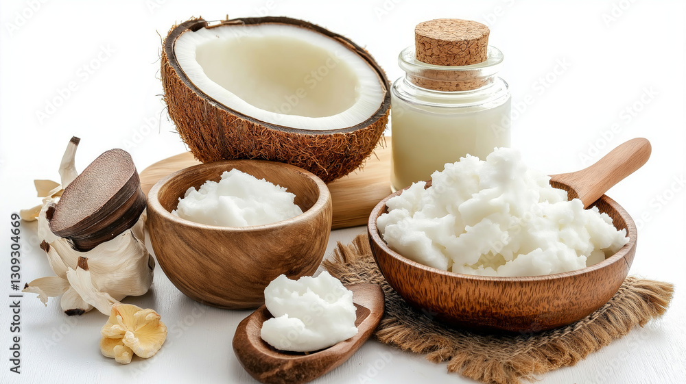 Fototapeta premium Coconut oil, milk and fresh coconuts containing lauric acid on white background