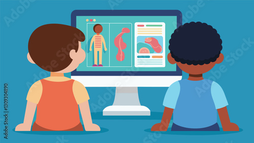 Two children sit side by side their eyes trained on the computer screen as they explore a virtual museum exhibit about the human body and its. Vector illustration