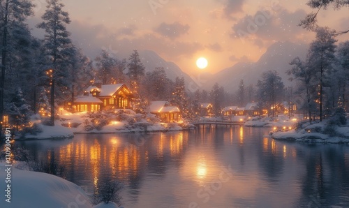 Wallpaper Mural Winter village glows, lakeside serenity, moonlit peace. Torontodigital.ca