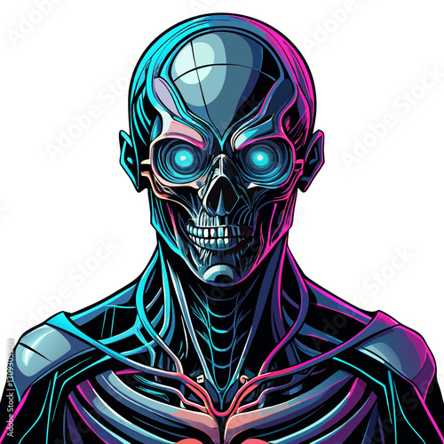 A futuristic humanoid android, partially revealing its internal mechanics through a transparent section of its skin, standing against a stark white background.