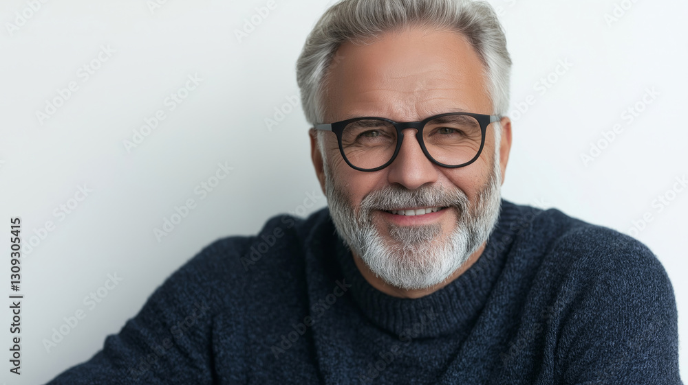Portrait of smiling senior man wearing eyeglasses and sweater on white background Portrait of smiling senior man wearing eyeglasses and sweater on white background