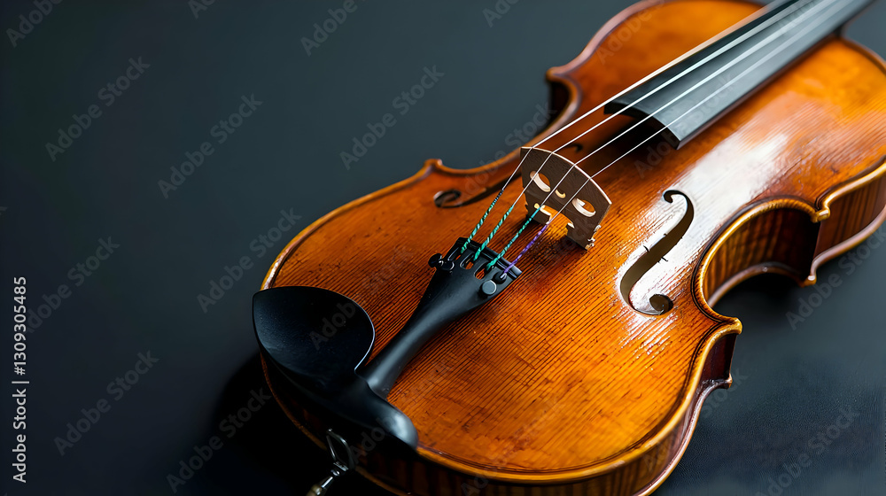 Fototapeta premium Detailed Close-up Of A Brown Wooden Violin On A Dark Black Background With Shadows