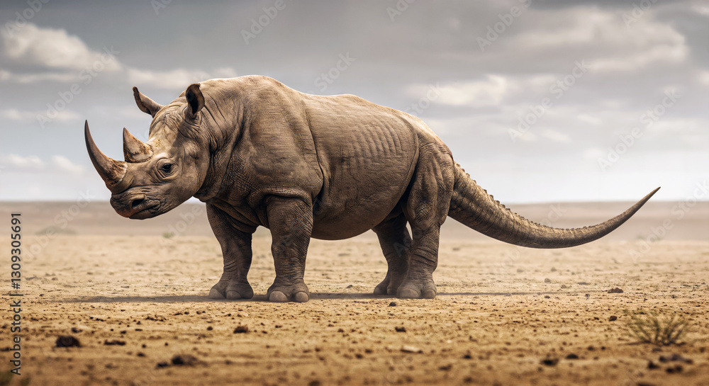 Fototapeta premium A rhino-like creature with a thick hide and a reptilian tail stands in a vast, arid landscape beneath a cloudy sky.