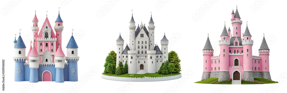 Fototapeta premium Colorful fairy tale castles with towers and trees, enchanting scenery