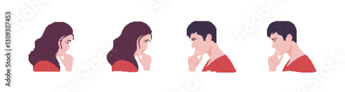 The image depicts four people in profile views, reflecting various states of thought and curiosity.