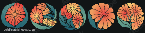Boho Midcentury Modern Floral Collection – Circular Minimalist Botanical Illustrations