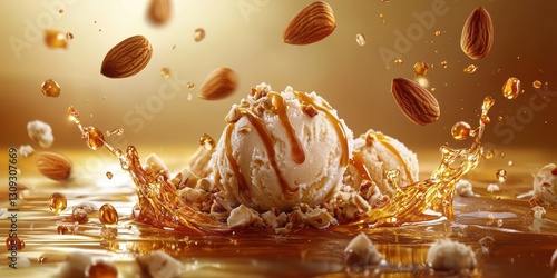 Flying almond toffee ice cream with crunchy toffee pieces and caramel syrup on a warm golden brown background