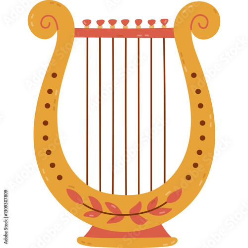 Lovely antique Greek lyre with leaves decoration. Classical musical string instrument from ancient Greece. Hand drawn cartoon symbol of theater and culture, opera, orchestra, mythology god Apollo.