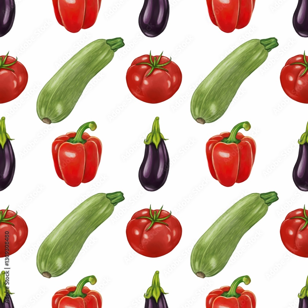 A seamless pattern featuring various vegetables including red bell peppers, zucchini, tomatoes, and eggplants on a white background. A seamless pattern featuring various vegetables including red bell peppers, zucchini, tomatoes, and eggplants on a white background.