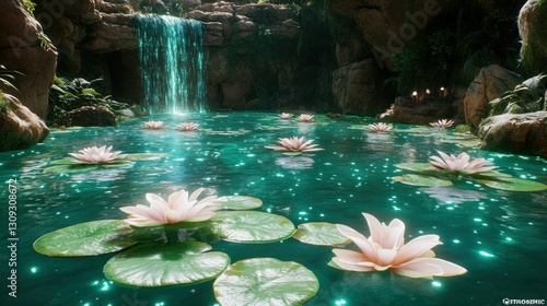 Fototapeta Naklejka Na Ścianę i Meble -  Enchanting waterfall pool with lotus flowers