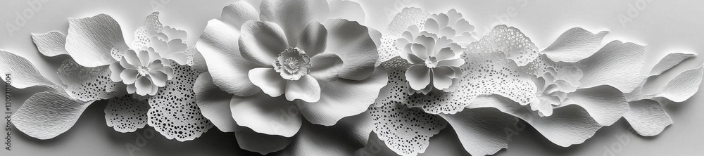 Obraz premium Intricate White Paper Flowers with Lace Details on Soft White Background. Generative AI
