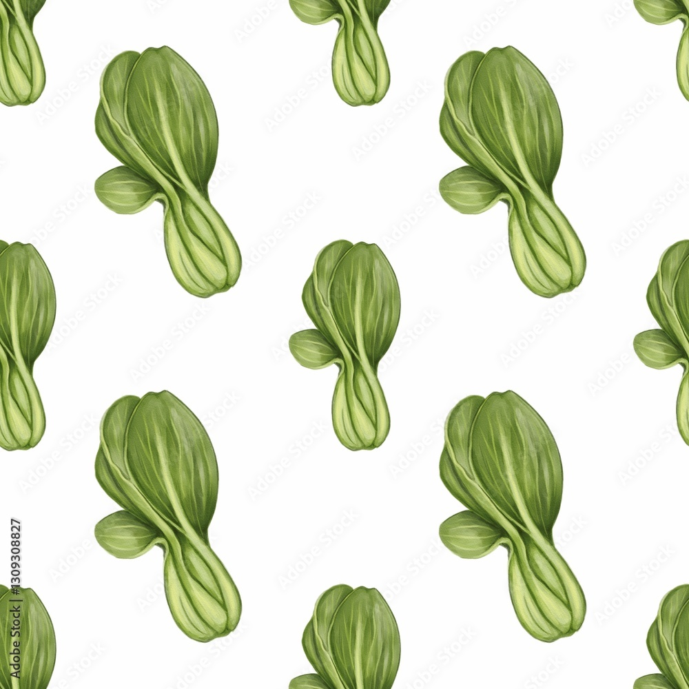 A seamless pattern featuring stylized green bok choy vegetables on a white background. The design is vibrant and fresh, ideal for kitchen textiles or food-related products. A seamless pattern featuring stylized green bok choy vegetables on a white background. The design is vibrant and fresh, ideal for kitchen textiles or food-related products.
